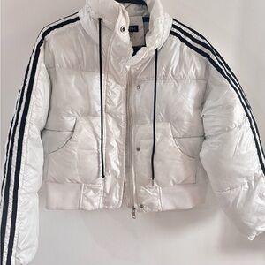 Stylish White Puffer Jacket with Black Stripes